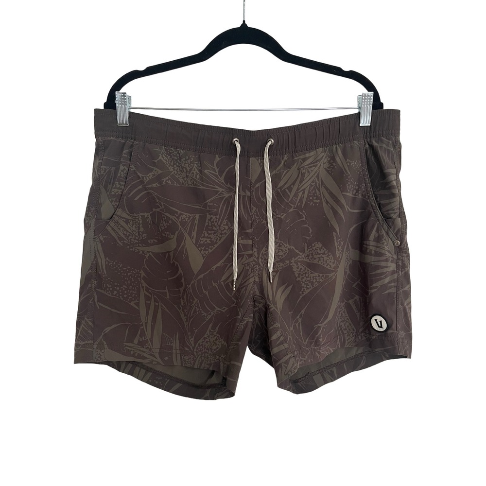 Vuori Kore Shorts Mens XL Brown Tropical Leaf 5 Inseam Lined Board Shorts